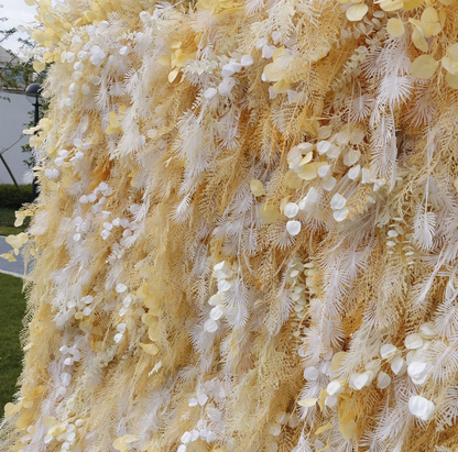 The white gold rime flower wall's detailed view shows off vivid colors and a realistic fabric backing.