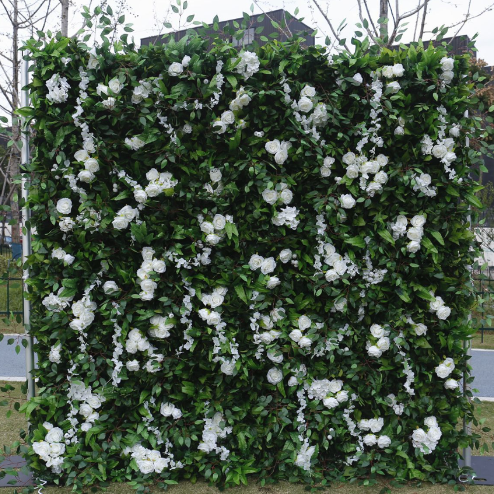 White green flower wall backdrop looks vibrant.