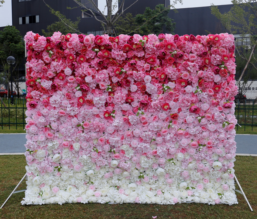 Flower Wall Gradient Rose Red Fabric Rolling Up Curtain Floral Backdrop Wedding Party Proposal Decor