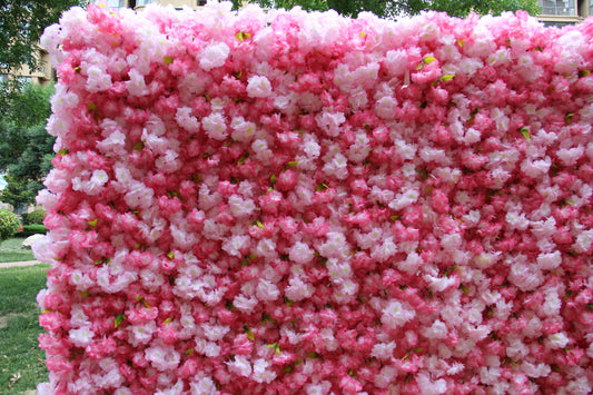The pink & rose pink flower wall's detailed view highlights its vibrant, realistic shapes and fabric backing.