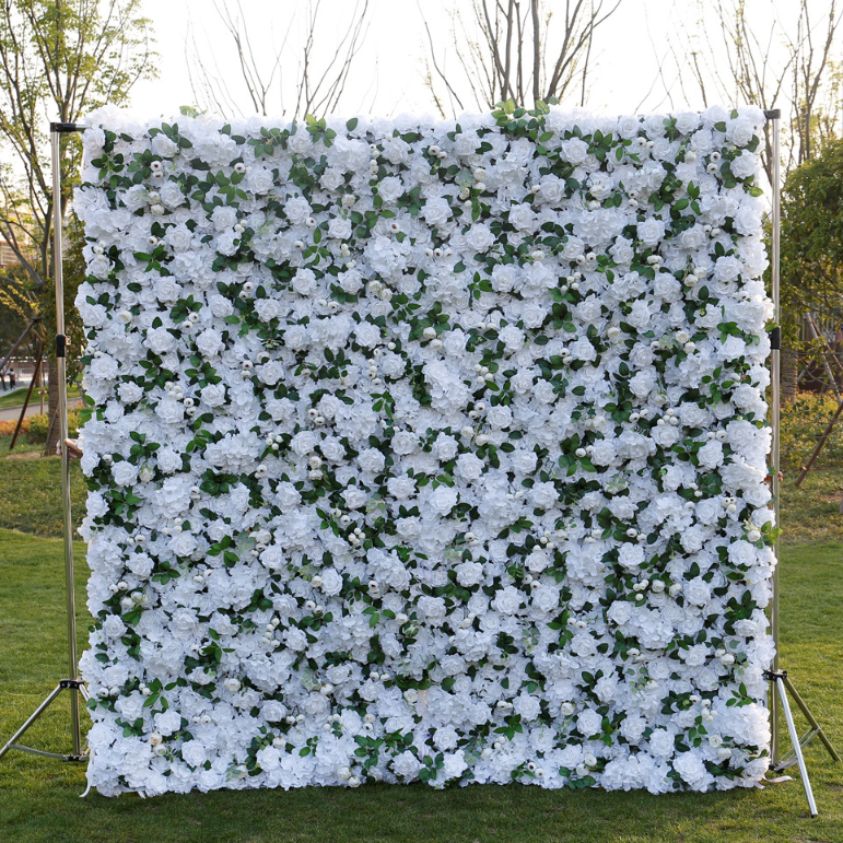 Flower Wall White Rose & Green Rolling Up Curtain Floral Backdrop Wedding Party Proposal Decor