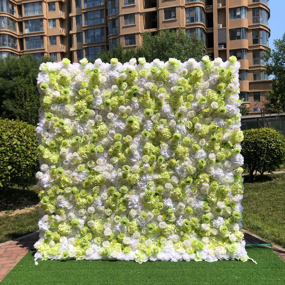 The white and green rose fabric flower wall looks vivid and realistic.