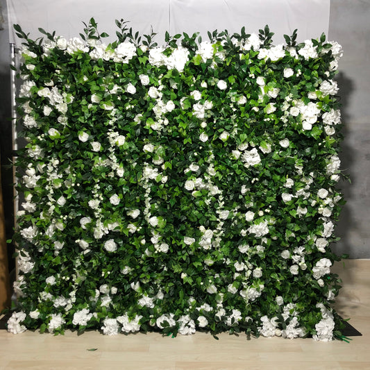 The green leaves and white rose fabric flower wall looks pure and beautiful.