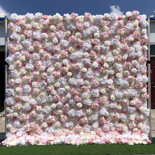 The light pink&white Rose flower wall features a fabric backing, ensuring lifelike shapes and vibrant colors.