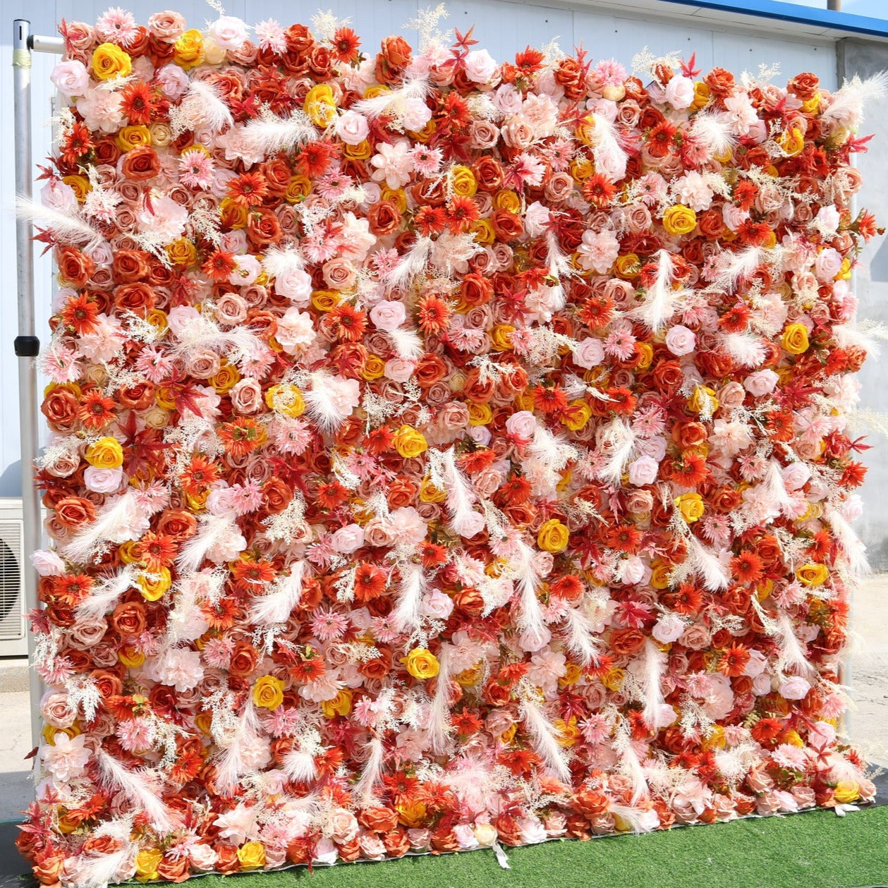 Flower Wall Fall Bright Orange Rose Rolling Up Curtain Floral Backdrop Wedding Party Proposal Decor