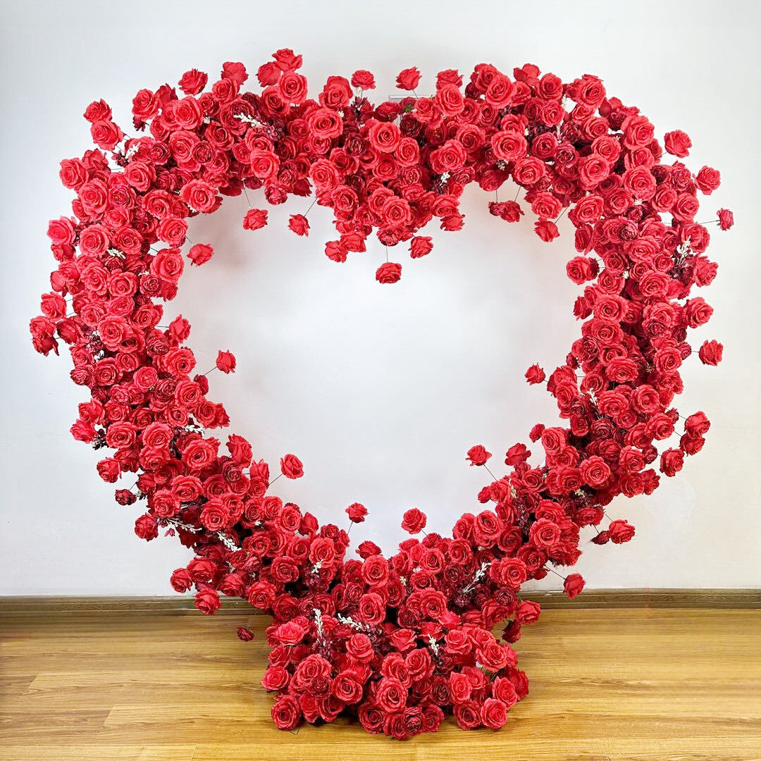 Flower Arch Heart Shaped Red Roses Floral Set Fabric Backdrop Proposal Wedding Party Decor