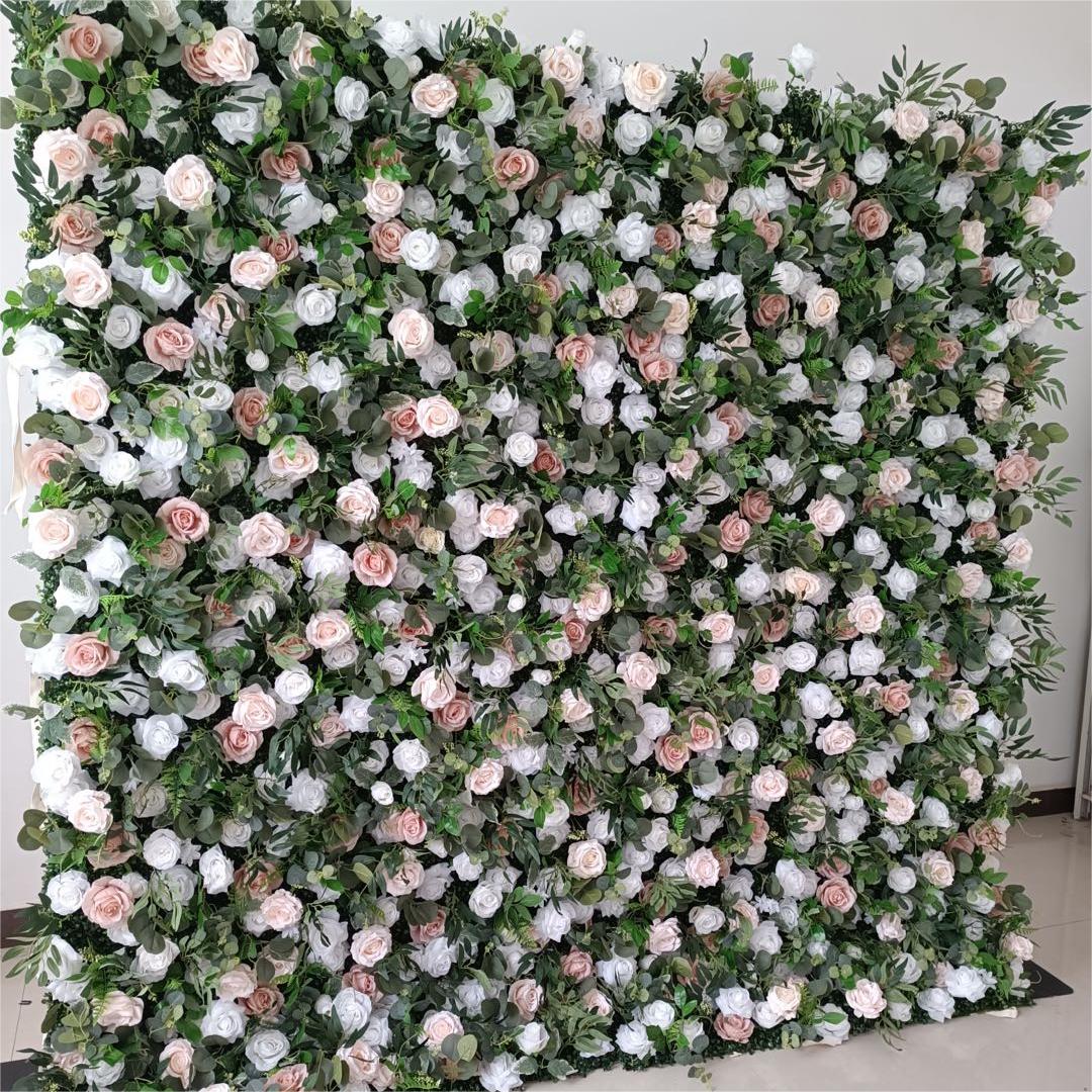Flower Wall White Pink & Green Rose Fabric Rolling Up Curtain Floral Backdrop Wedding Party Proposal Decor