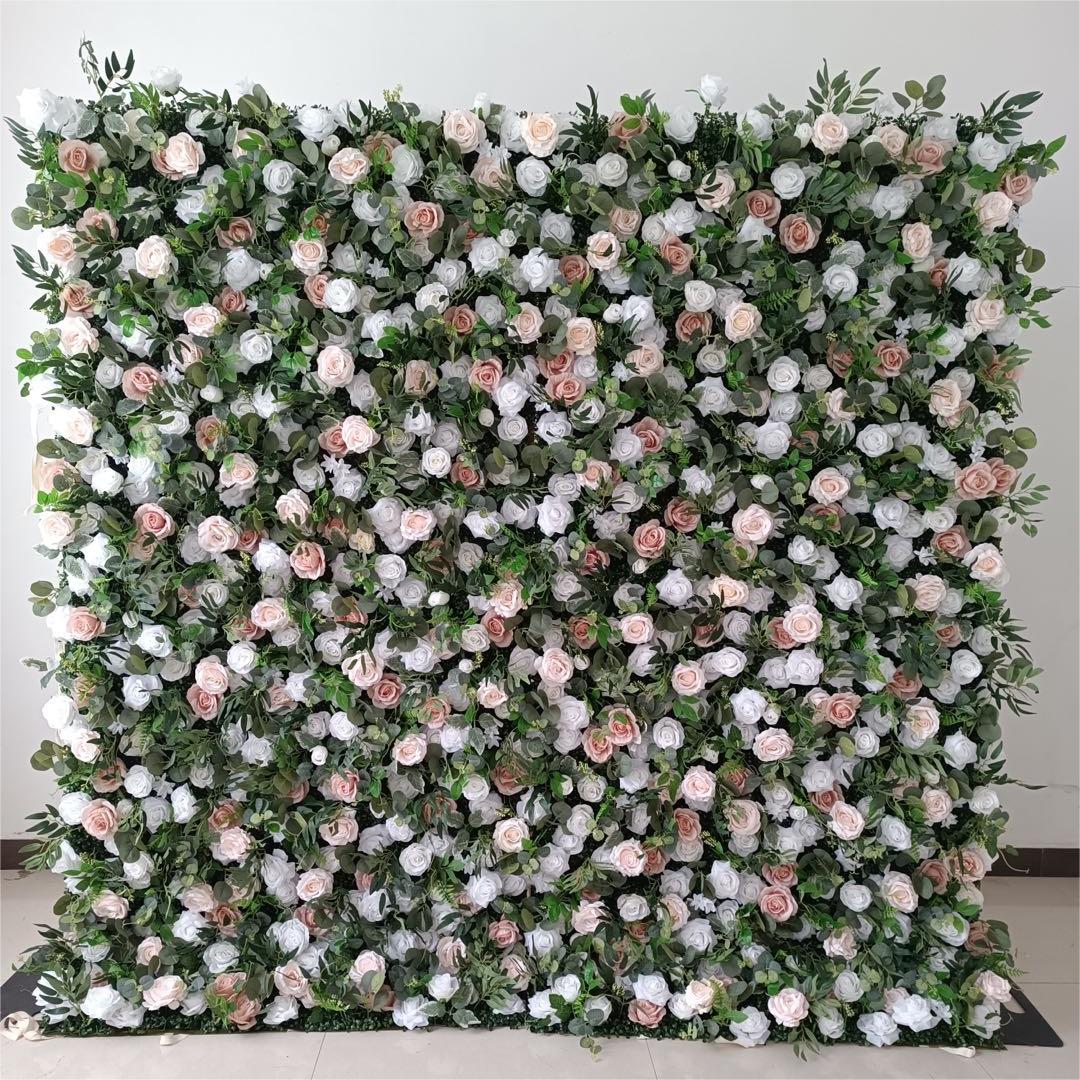 Flower Wall White Pink & Green Rose Fabric Rolling Up Curtain Floral Backdrop Wedding Party Proposal Decor