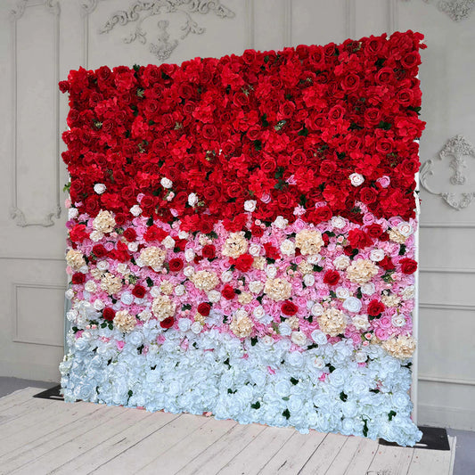 RTS Flower Wall 3D Gradient Red Rose Rolling Up Curtain Floral Backdrop Wedding Party Proposal Decor