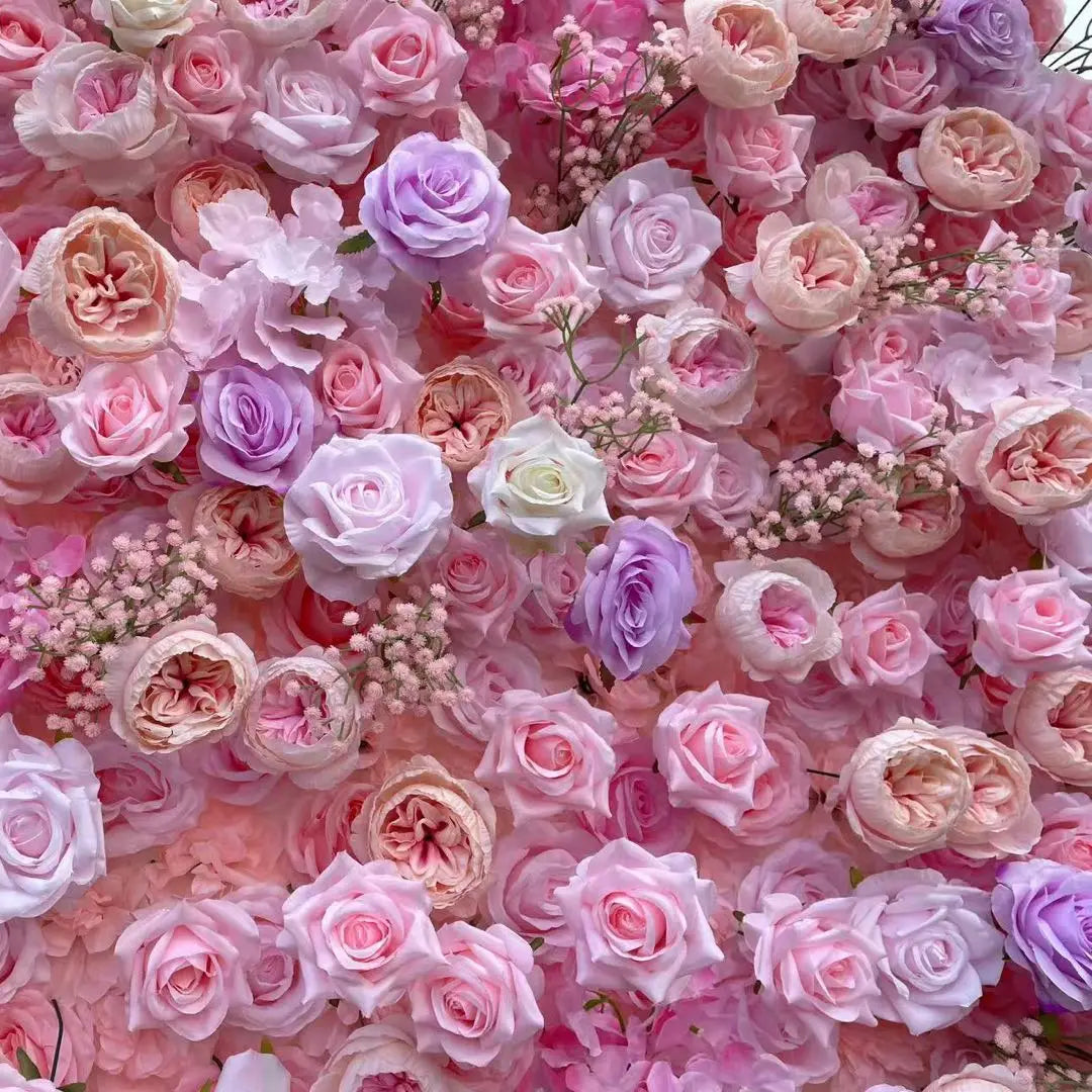 Pink purple flower wall backdrop for Valentine’s Day or wedding photo booth.