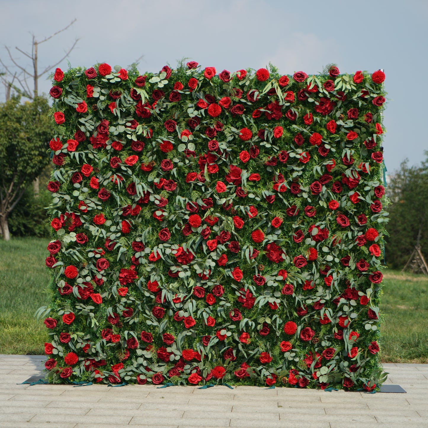 Flower Wall Christmas Eucalyptus Leaves Red Rose Floral Backdrop for Event Party Decor