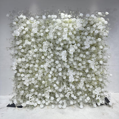 Flower Wall 5D White Rose & Baby's Breath Fabric Rolling Up Curtain Floral Backdrop Wedding Party Proposal Decor