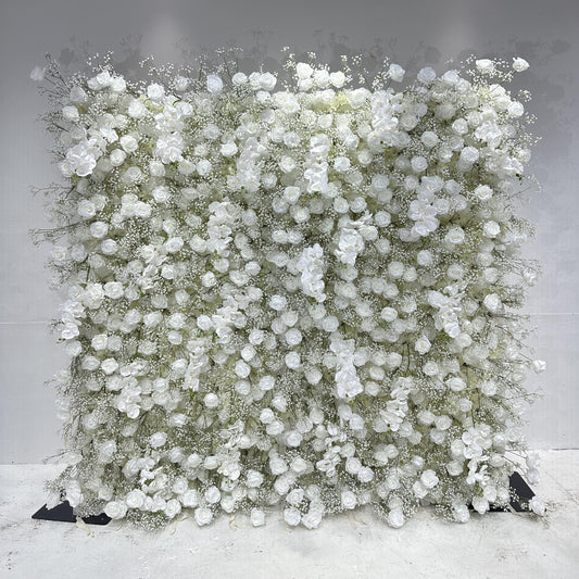 Flower Wall 5D White Rose & Baby's Breath Fabric Rolling Up Curtain Floral Backdrop Wedding Party Proposal Decor
