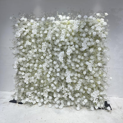 Flower Wall 5D White Rose & Baby's Breath Fabric Rolling Up Curtain Floral Backdrop Wedding Party Proposal Decor