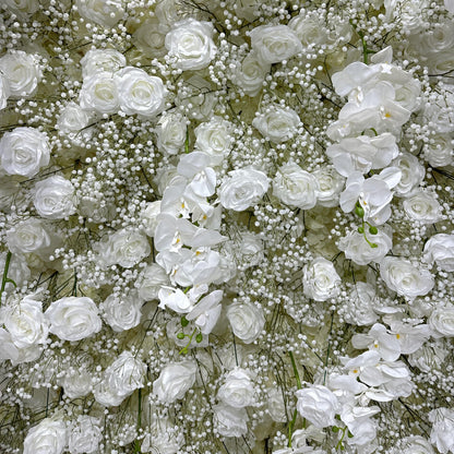 Flower Wall 5D White Rose & Baby's Breath Fabric Rolling Up Curtain Floral Backdrop Wedding Party Proposal Decor