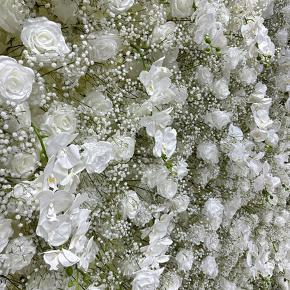 Flower Wall 5D White Rose & Baby's Breath Fabric Rolling Up Curtain Floral Backdrop Wedding Party Proposal Decor