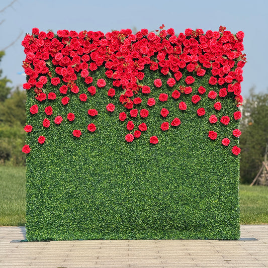 Flower Wall 3D Milan Green Wall Red Rose Fabric Rolling Up Curtain Wedding Party Decor