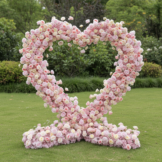 Flower Arch 8x8ft 5D Heart Shaped Pink Roses Floral Fabric Backdrop Proposal Wedding Party Decor