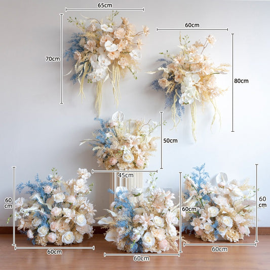 100% handmade, the champagne blue hanging flower set provides a lifelike appearance and is easy to set up.