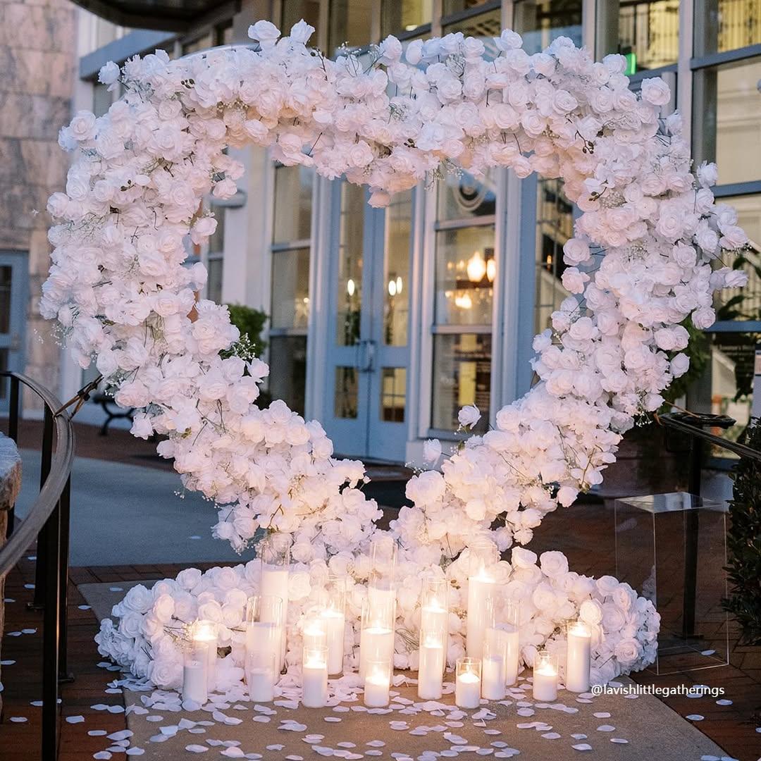CP SALE 8*8ft White Rose Baby's Breath Heart Shaped Flower Arch with Stand and Free Handbags