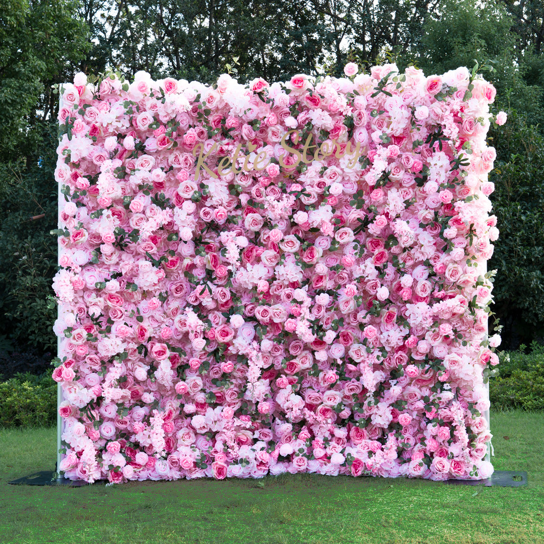 Flower Wall 5D Light Pink Rose Floral Backdrop Rolling Up Curtain for Event Party Decor