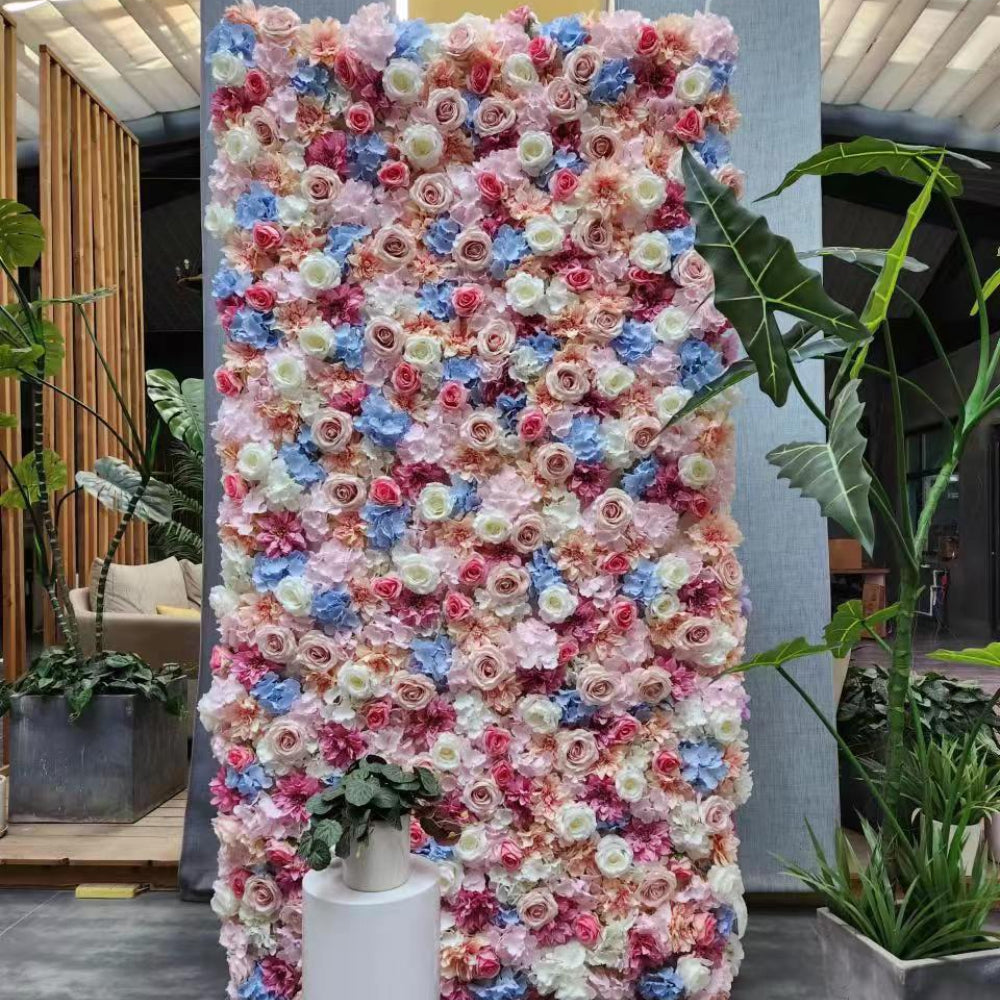 Flower Wall Colorful Blue pink Fabric Rolling Up Curtain Floral Backdrop Wedding Party Proposal Decor