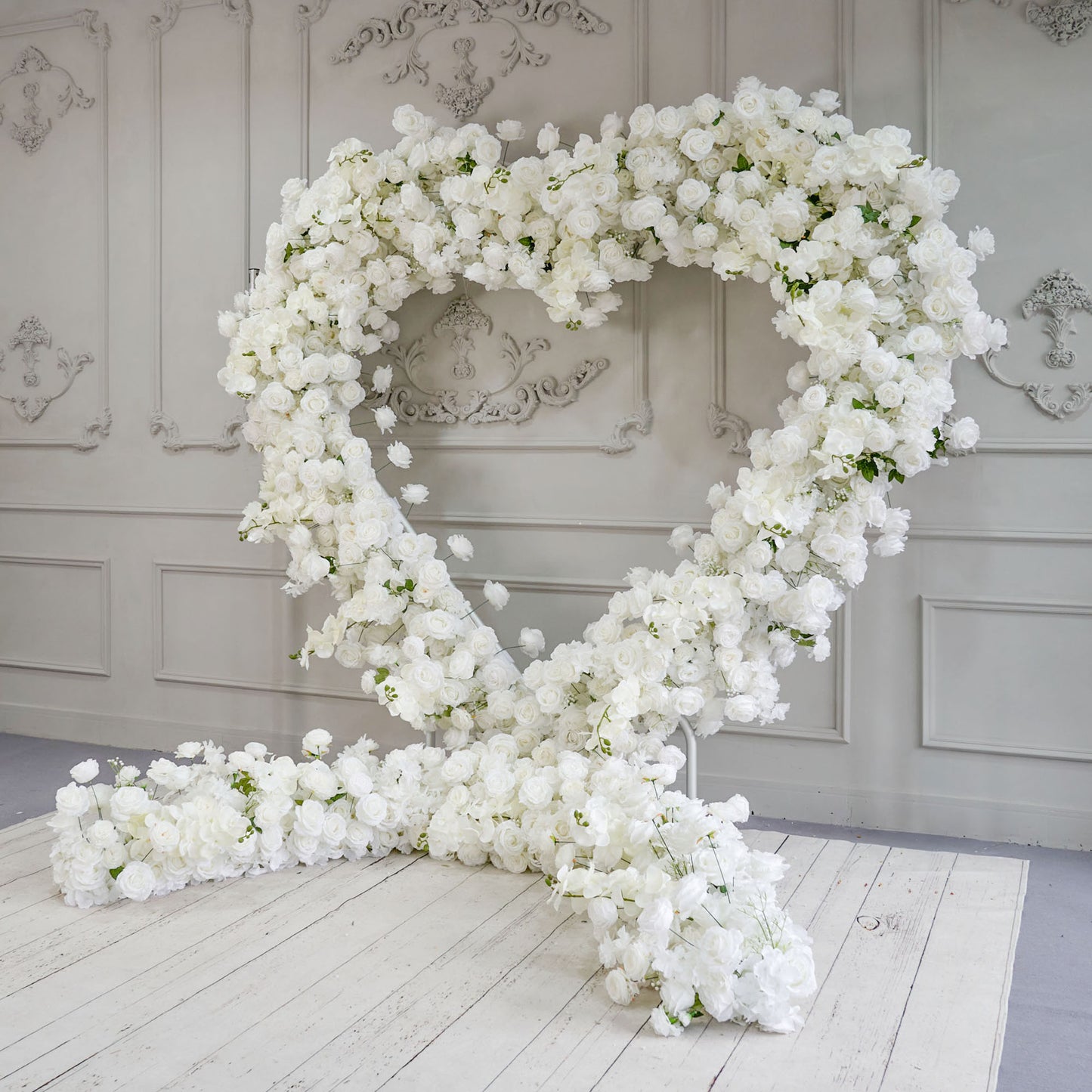 CP SALE 8*8ft White Rose Baby's Breath Heart Shaped Flower Arch with Stand and Free Handbags