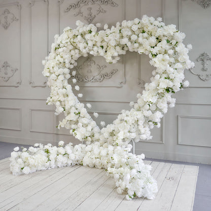 CP SALE 8*8ft White Rose Baby's Breath Heart Shaped Flower Arch with Stand and Free Handbags