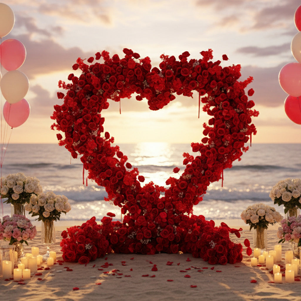 Flower Arch 8x8ft Heart Shaped Red Roses Floral Arch Set Proposal Wedding Party Decor