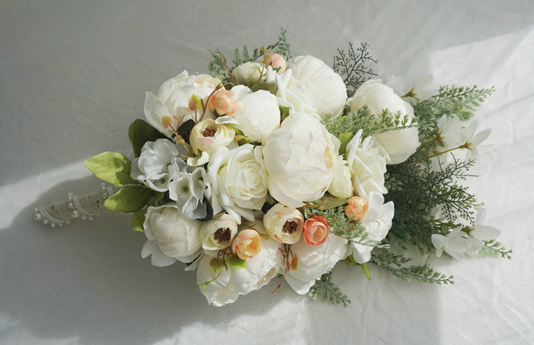 Cascade Bridal Bouquet White Peony Rose for Wedding Party Proposal - KetieStory