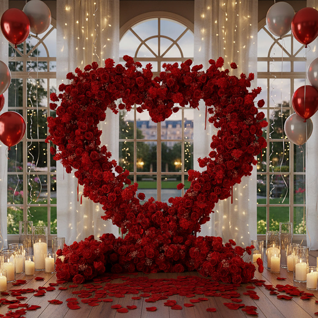 Flower Arch 8x8ft Heart Shaped Red Roses Floral Arch Set Proposal Wedding Party Decor