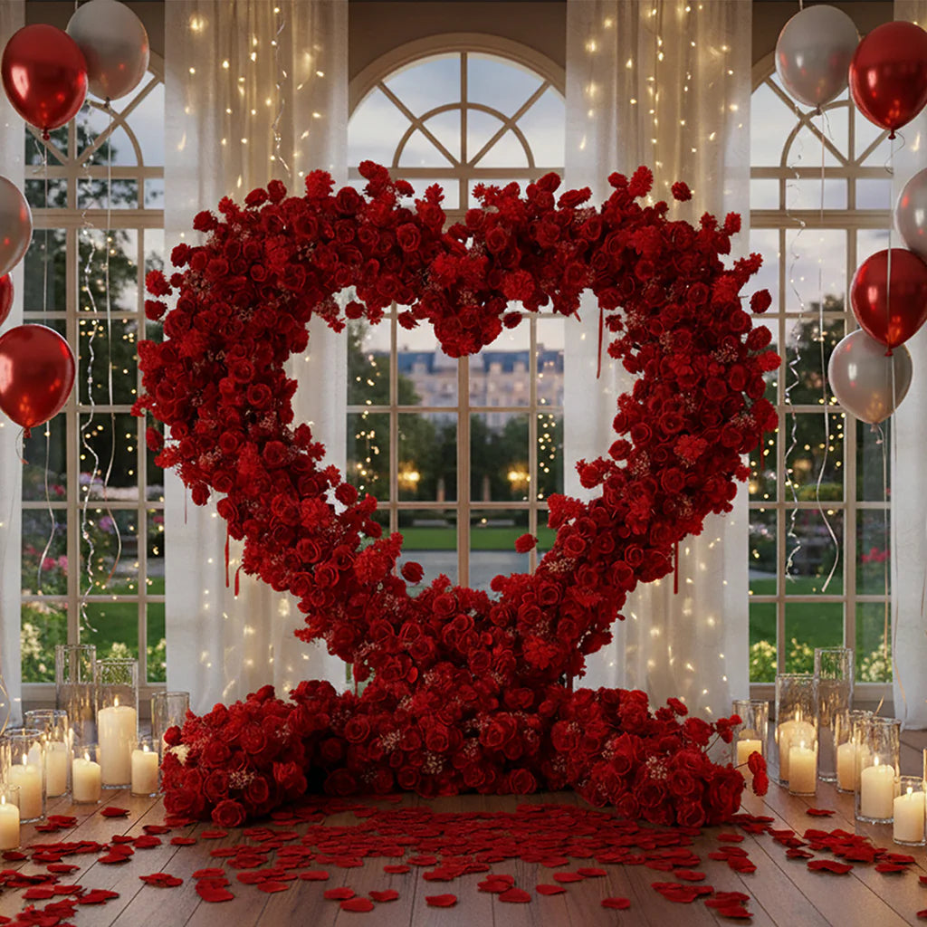 CP SALE 8*8ft Red Rose Baby's Breath Heart Shaped Flower Arch with Stand and Free Handbags