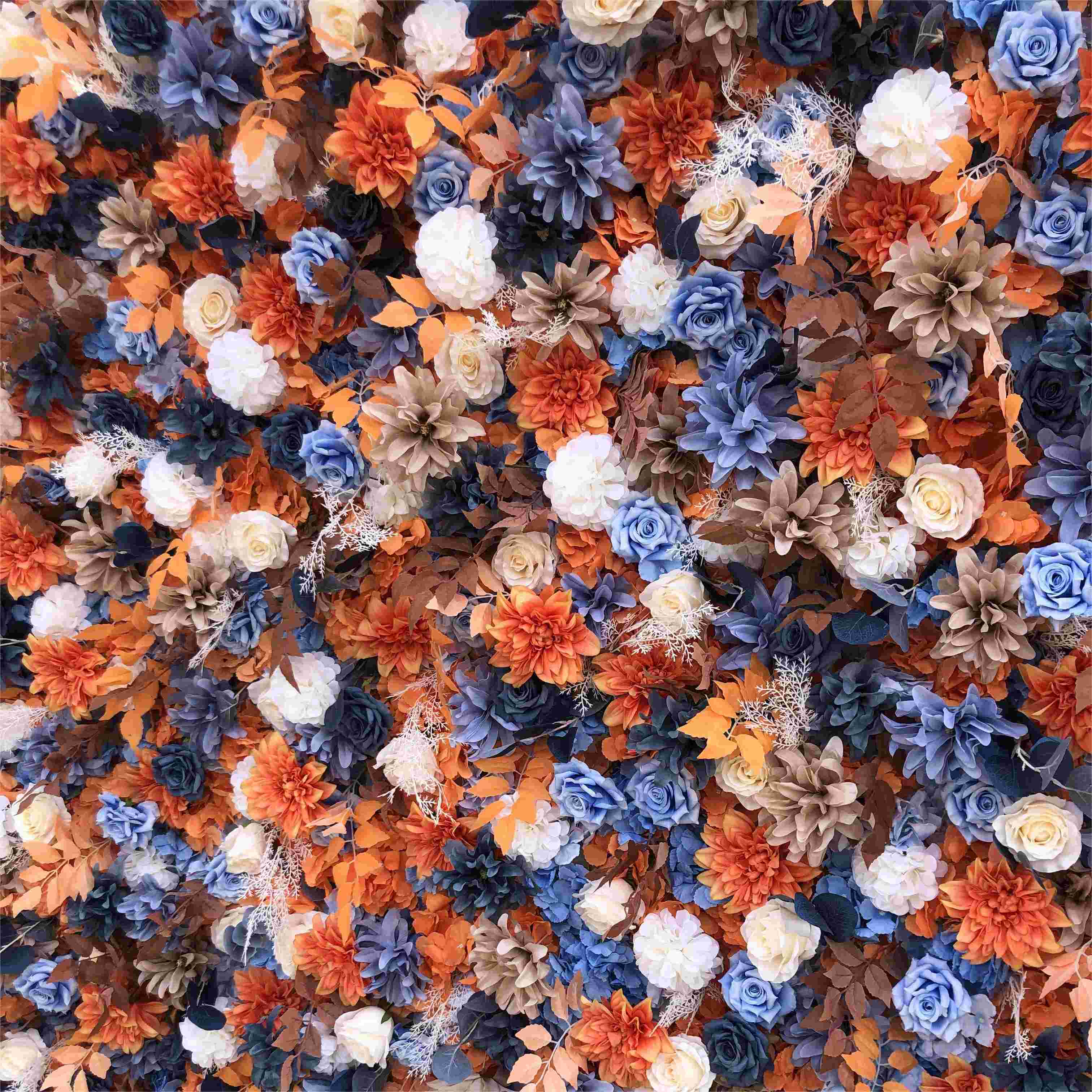 The fall retro orange blue flower wall looks bright and distinctive.