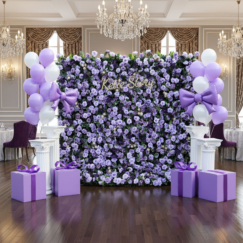 Flower Wall 5D Purple Rose Floral Backdrop Rolling Up Curtain for Wedding Event Party Decor