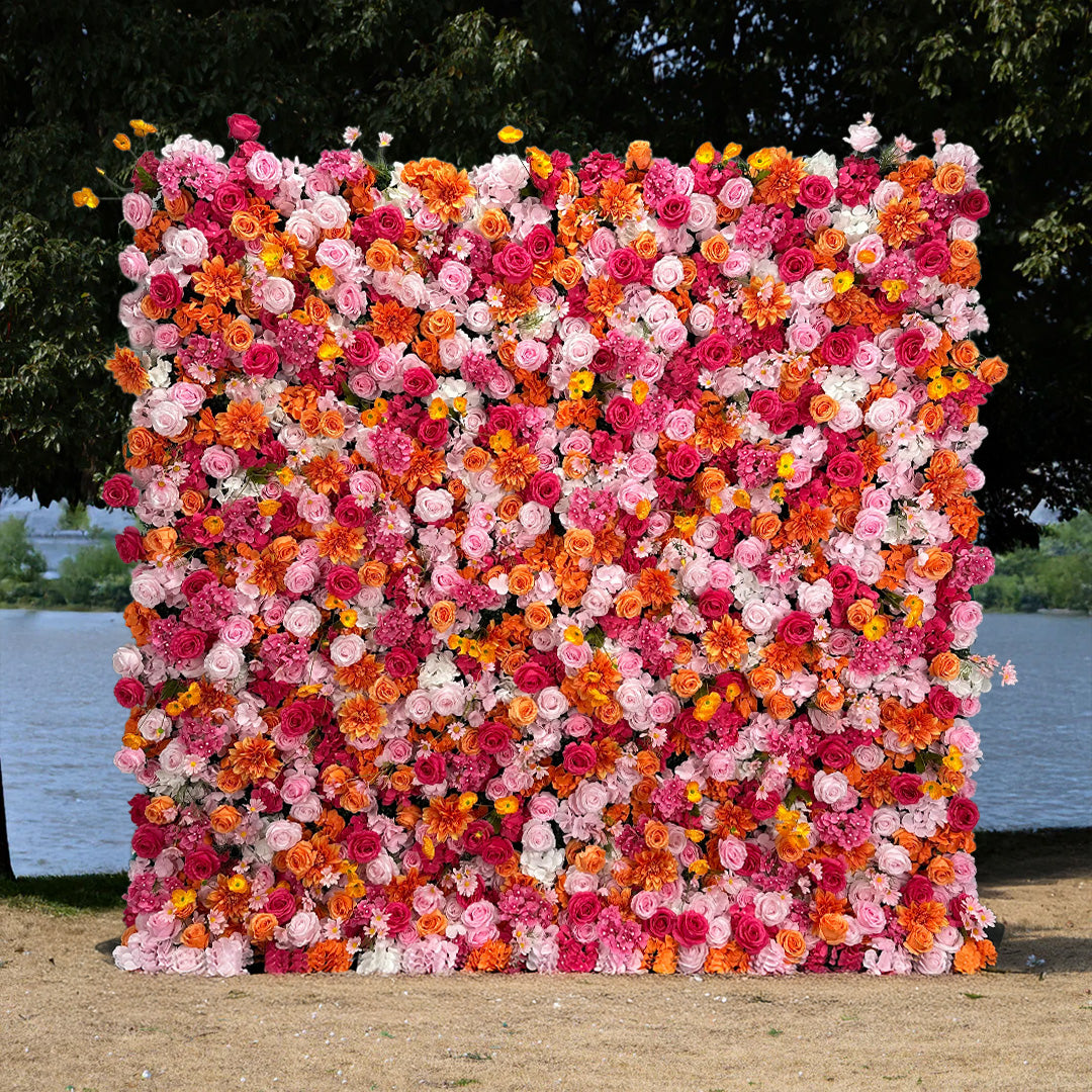 Flower Wall Orange Pink Rose Floral Backdrop Rolling Up Curtain for Event Party Decor