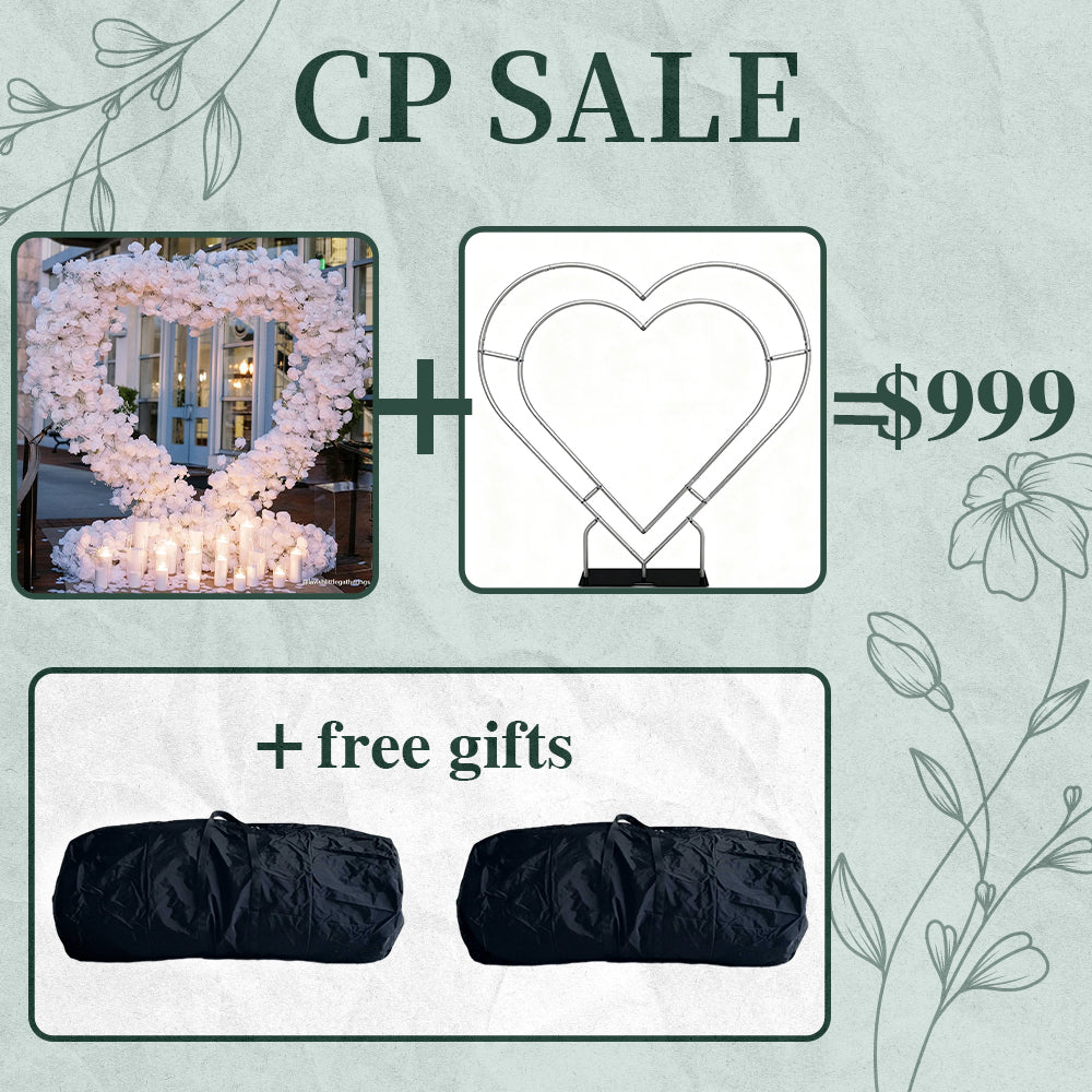 CP SALE 8*8ft White Rose Baby's Breath Heart Shaped Flower Arch with Stand and Free Handbags