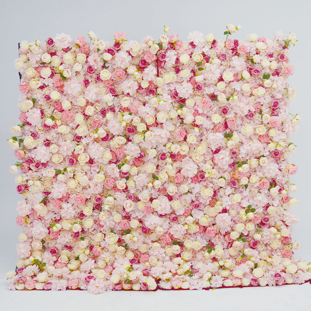 Floral wall with pink and white flowers on a light blue background