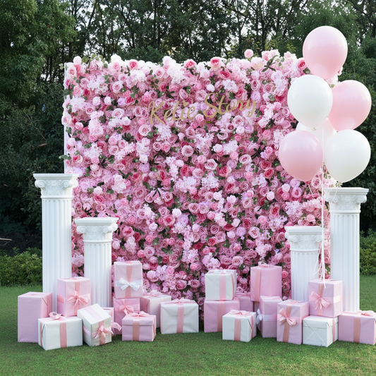 Lightning Deals: Flower Wall 5D Light Pink Rose Floral Backdrop Rolling Up Curtain for Event Party Decor