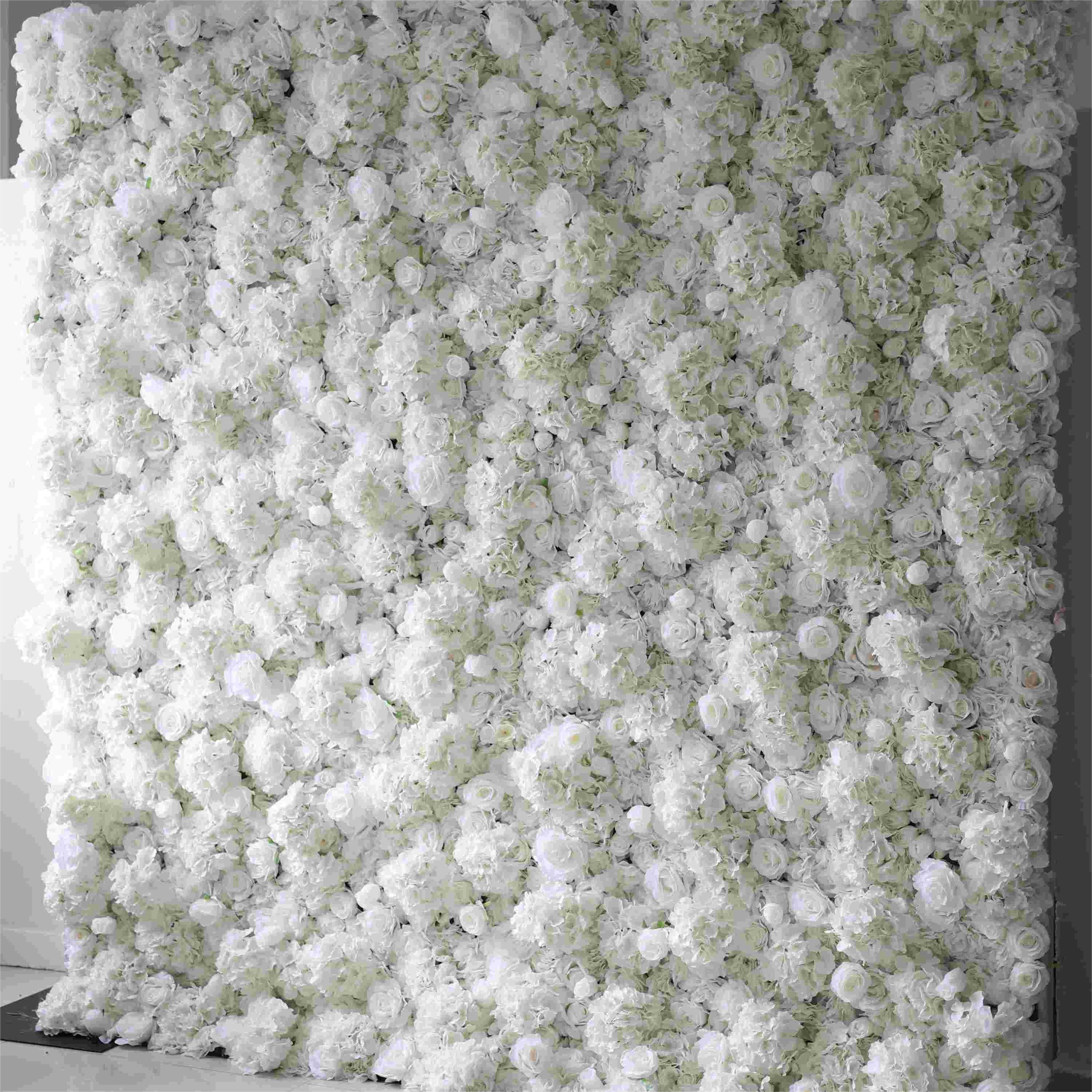 The white hydrangea rose fabric flower wall looks pure and elegant.