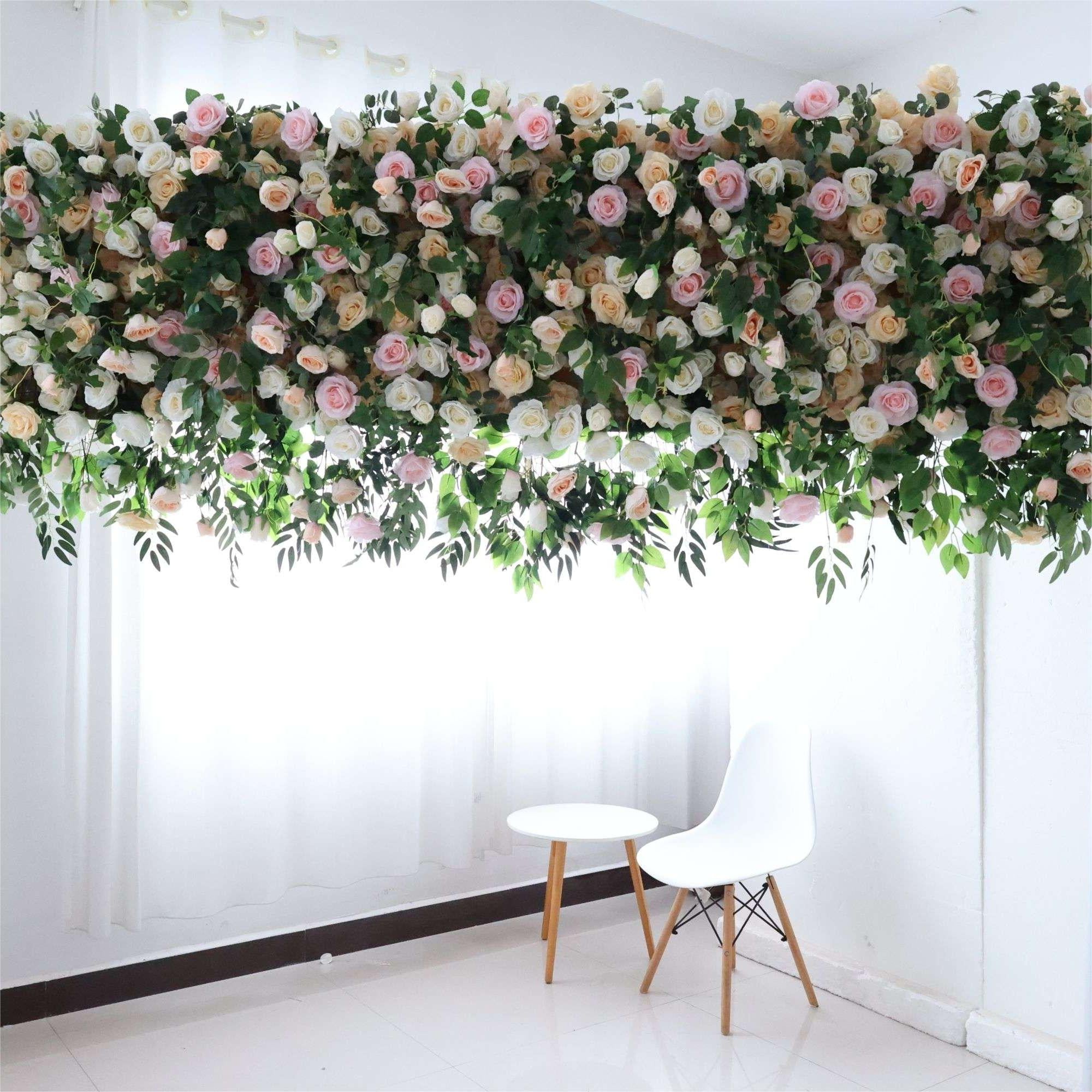 The green pink florals backdrop is full of atmosphere.