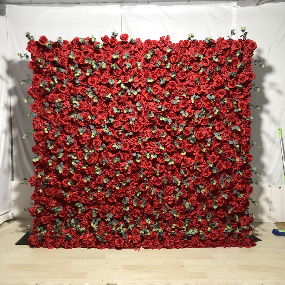 Flower Wall Bright Red Fabric Rolling Up Curtain Floral Backdrop Wedding Party Proposal Decor