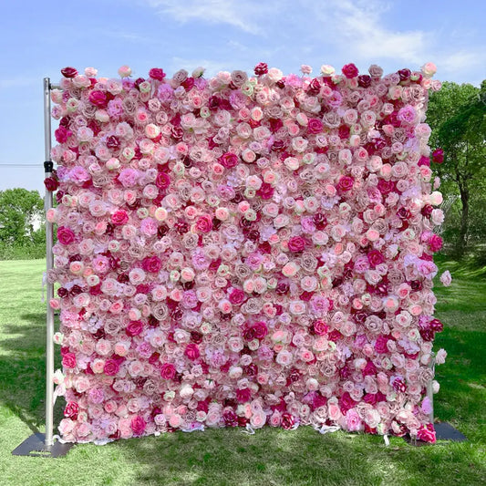 The colorful pink flower wall features a fabric backing, ensuring lifelike shapes and vibrant colors. 