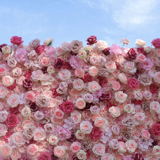 The colorful pink flower wall detailed view highlights its vibrant, realistic shapes and fabric backing.