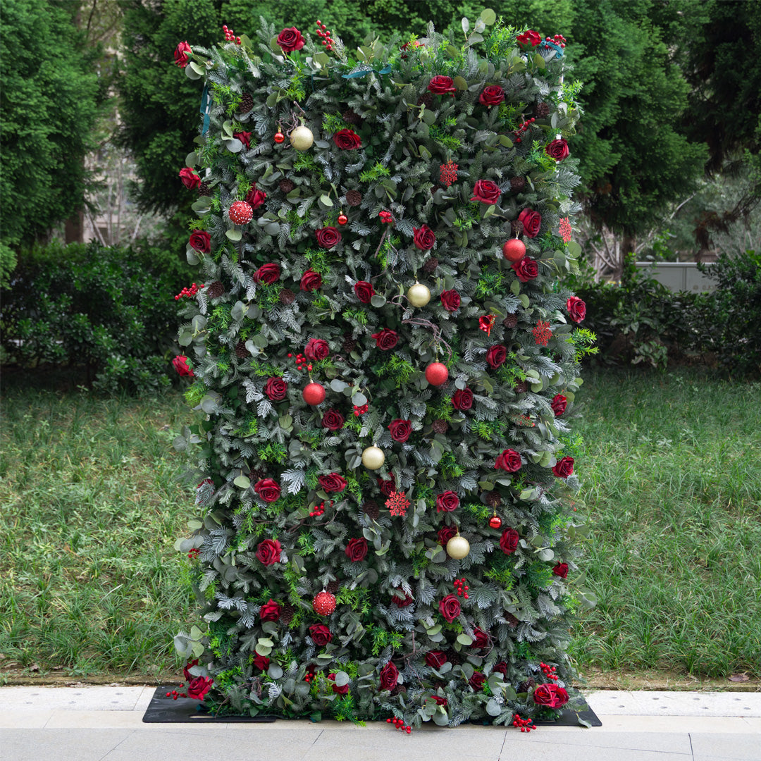 Flower Wall 5D Christmas Red Rose Green Leaves Floral Backdrop for Event Party Home Decor