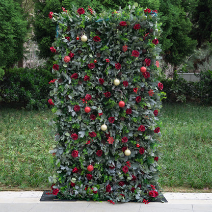 Flower Wall 5D Christmas Red Rose Green Leaves Floral Backdrop for Event Party Home Decor