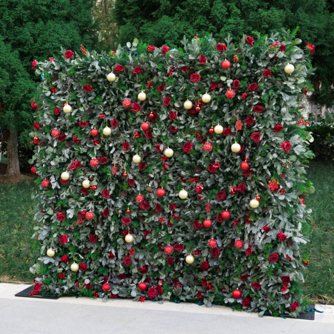 Flower Wall 5D Christmas Red Rose Green Leaves Floral Backdrop for Event Party Home Decor