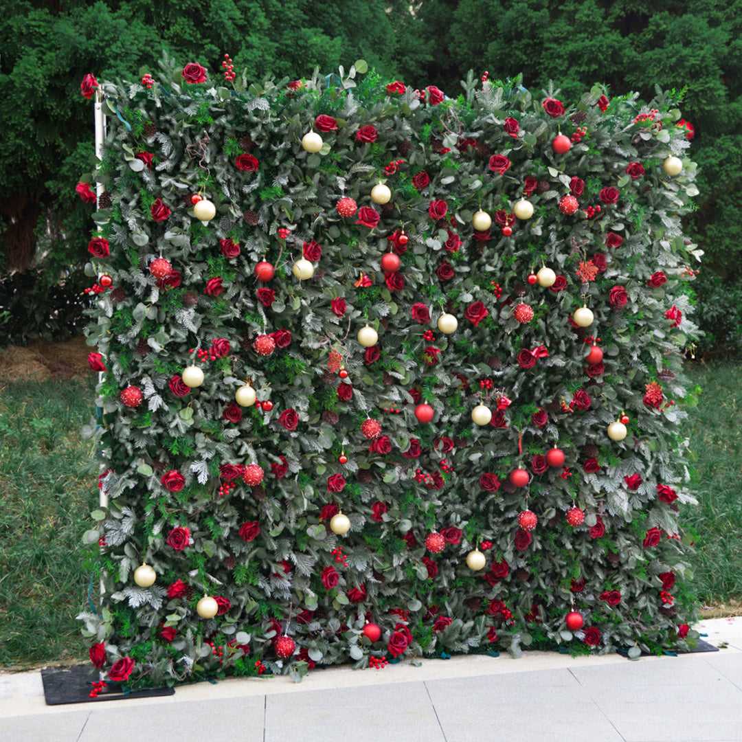 Flower Wall 5D Christmas Red Rose Green Leaves Floral Backdrop for Event Party Home Decor