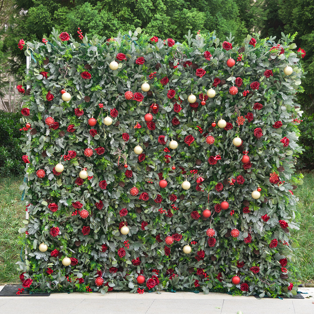 Flower Wall 5D Christmas Red Rose Green Leaves Floral Backdrop for Event Party Home Decor