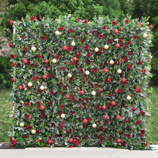 Flower Wall 5D Christmas Red Rose Green Leaves Floral Backdrop for Event Party Home Decor