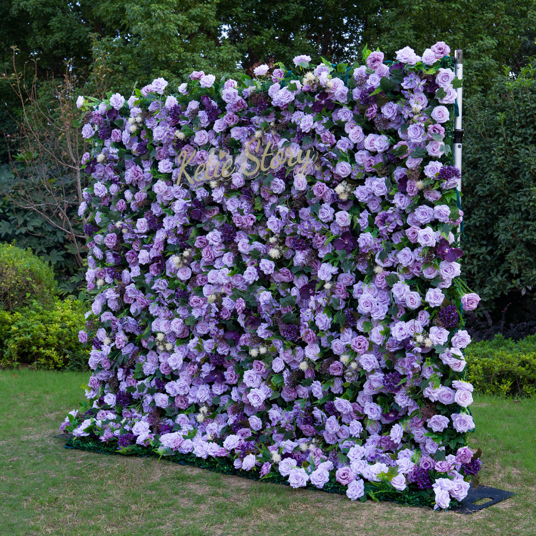 Flower Wall 5D Purple Rose Floral Backdrop Rolling Up Curtain for Wedding Event Party Decor